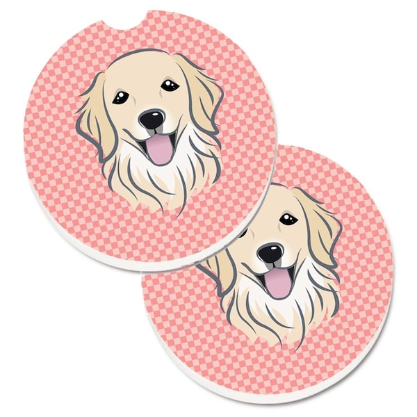 Carolines Treasures Checkerboard Pink Golden Retriever Set of 2 Cup Holder Car Coaster BB1205CARC - main